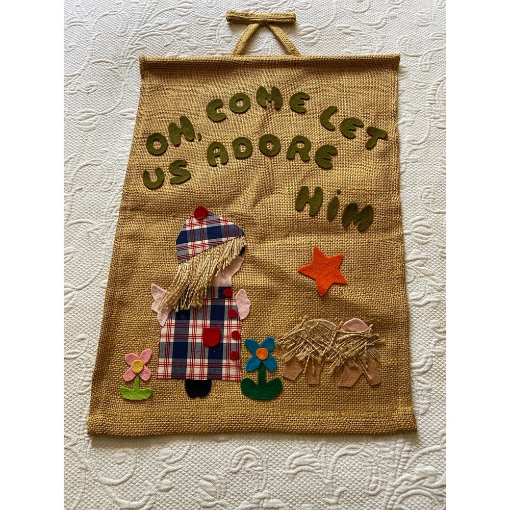 Vintage Burlap Felt Appliqué Christmas Wall Hanging Let Us Adore Him D1